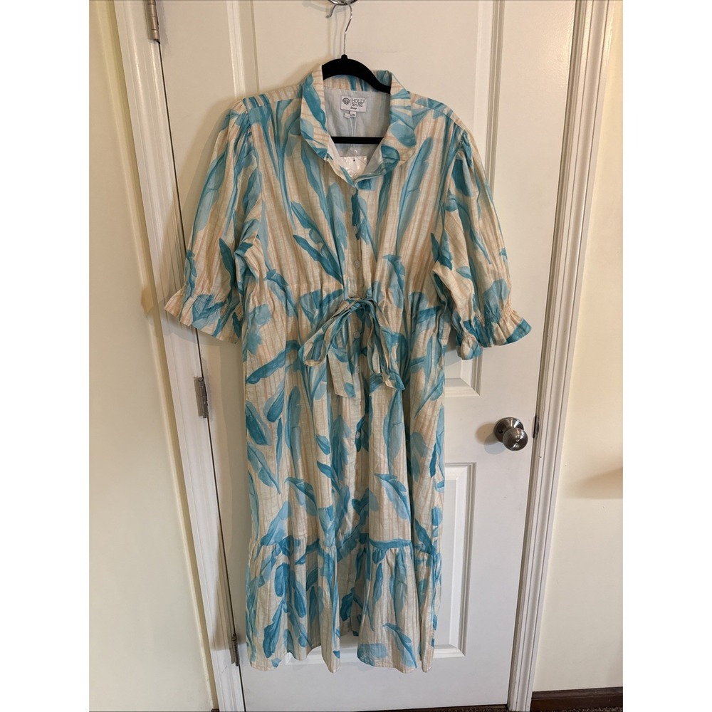 Holly Shae Design Catherine Blue Feathers Button Front Belted Dress L/XL NWT